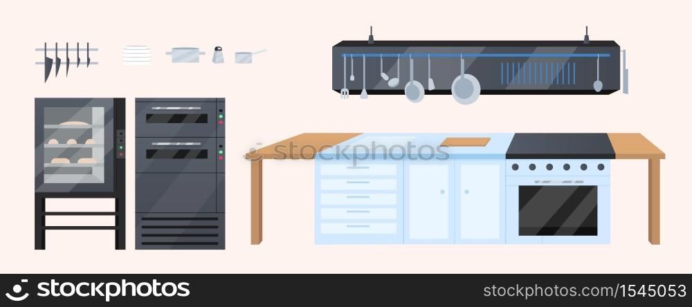 Kitchen furniture flat color vector objects set. Professional restaurant, bakery furnishing. Kitchenware and cooking appliances isolated cartoon illustrations pack for web graphic design and animation. Kitchen furniture flat color vector objects set