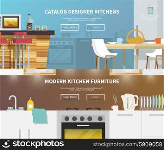 Kitchen furniture horizontal banner set with flat design elements isolated vector illustration. Kitchen Furniture Banner