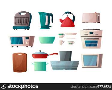 Kitchen furniture isolated on white background. Waffle-iron, microwave oven, kettle, toaster, cooker hood, frying pan, cutting board, cabinet and oven. Vector cartoon illustration for interior.