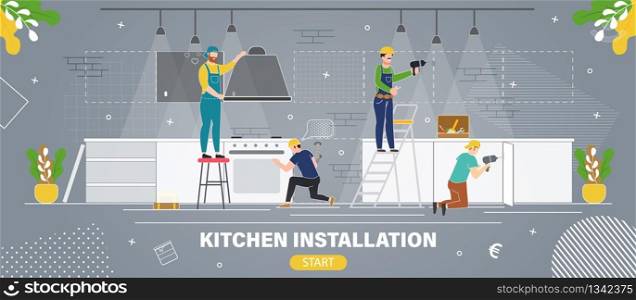 Kitchen Furniture or Appliances Installation Service or Company Trendy Flat Vector Web Banner, Landing Page Template. Professional Workers Team Installing Stove, Kitchen Hood and Cabinets Illustration