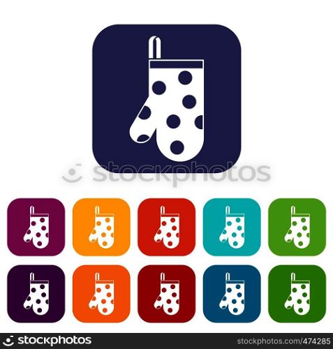 Kitchen glove icons set vector illustration in flat style In colors red, blue, green and other. Kitchen glove icons set