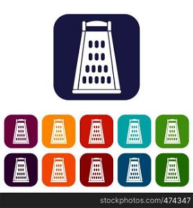 Kitchen grater icons set vector illustration in flat style In colors red, blue, green and other. Kitchen grater icons set