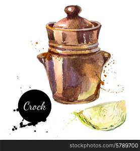 Kitchen herbs and spices banner. Vector illustration. Watercolor crock for ferment kimchi or sauerkraut