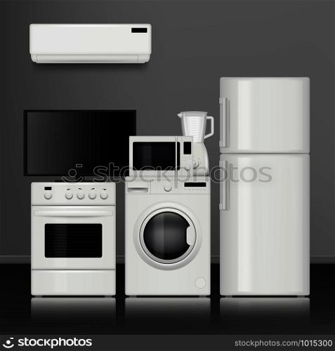 Kitchen home appliances. Household store electrical tools electronic items vector realistic pictures. Illustration of appliances refrigerator and oven, fridge and microwave. Kitchen home appliances. Household store electrical tools electronic items vector realistic pictures
