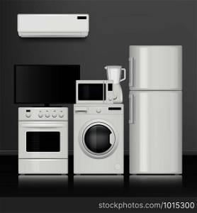 Kitchen home appliances. Household store electrical tools electronic items vector realistic pictures. Illustration of appliances refrigerator and oven, fridge and microwave. Kitchen home appliances. Household store electrical tools electronic items vector realistic pictures