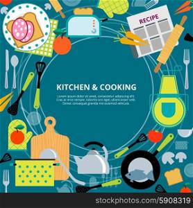 Kitchen home cooking concept poster. Home healthy and fast cooking concept poster with kitchen appliances and recipes pictograms composition abstract vector illustration