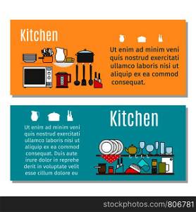 Kitchen horizontal flyers in cartoon style. Vector illustration. Kitchen horizontal flyers in cartoon style