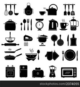 Kitchen icon. Food cooking utensils whisk stove knife silhouettes recent vector symbols. Utensil silhouette, equipment kitchen, microwave and toaster, scale and kettle illustration. Kitchen icon. Food cooking utensils whisk stove knife silhouettes recent vector symbols