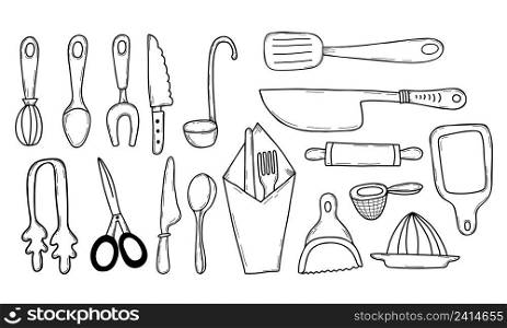 Kitchen icon set. Lines kitchen cooking tools and appliances, kitchenware, spoon, knives and scissors, serving items. Vector illustration in hand doodle style. isolated elements for design and decor