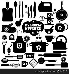 Kitchen icons set of tools. Black vector backround.. Kitchen icons set of tools