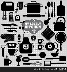 Kitchen icons set of tools. Black vector backround.. Kitchen set icons