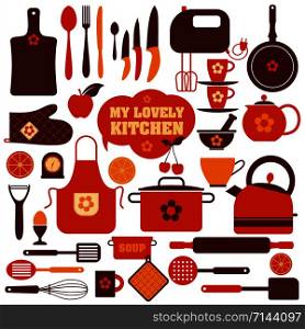 Kitchen icons set of tools. Color vector backround.. Kitchen icons set of tools