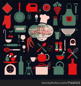 Kitchen icons set of tools. Color vector backround.. Kitchen icons set of tools.