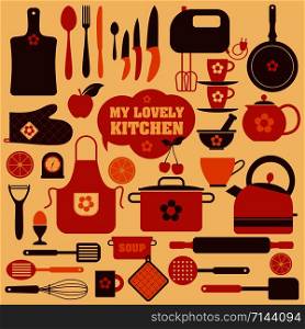 Kitchen icons set of tools. Color vector backround.. Kitchen set icons