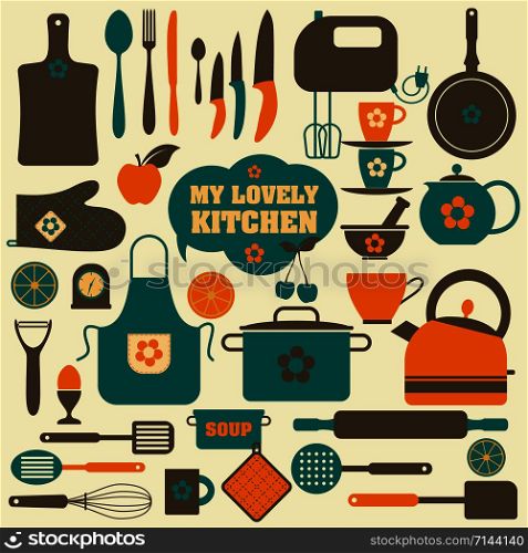 Kitchen icons set of tools. Color vector backround.. Kitchen vector background