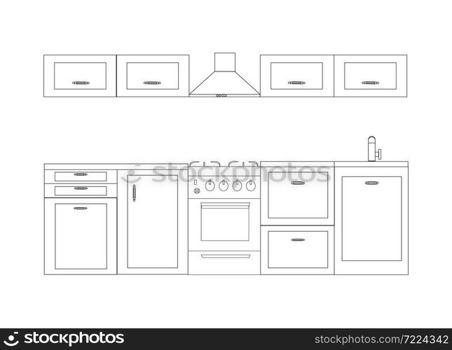 Kitchen in line art, scheme, decor