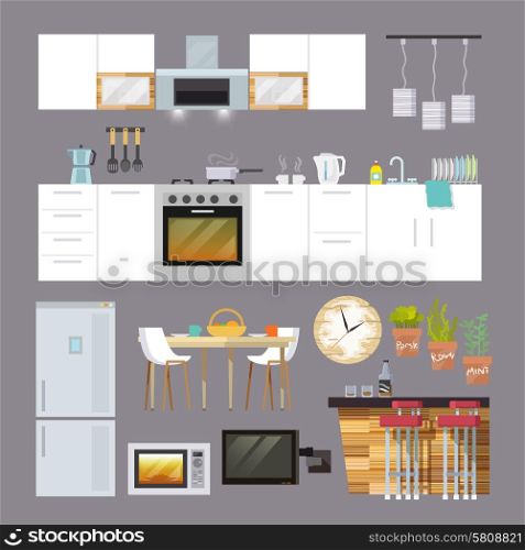 Kitchen interior and furniture decorative icons flat set isolated vector illustration. Kitchen Furniture Flat