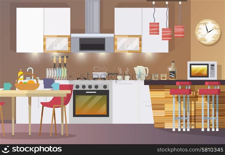 Kitchen interior concept with flat modern design elements vector illustration. Kitchen Interior Flat