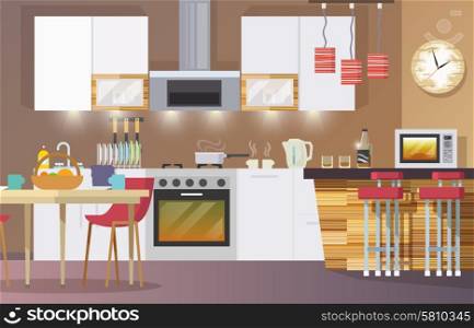 Kitchen interior concept with flat modern design elements vector illustration. Kitchen Interior Flat