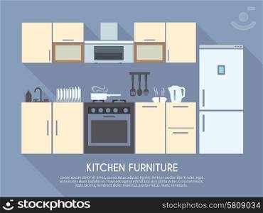 Kitchen interior design with furniture equipment and utensils flat vector illustration. Kitchen Furniture Illustration