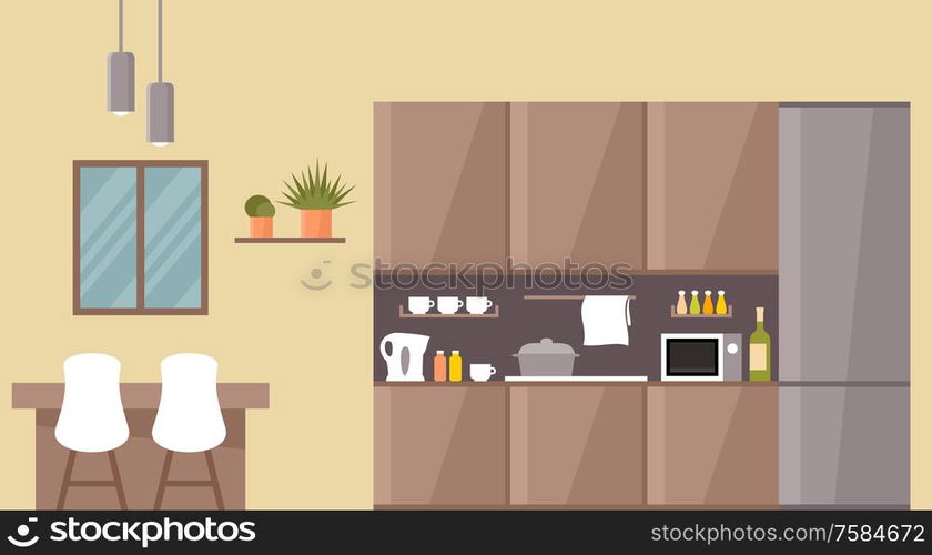 Kitchen interior. Dinner table. Vector illustration