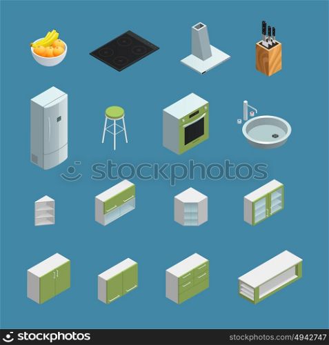 Kitchen Interior Elements Isometric. Color isometric icons depicting elements of kitchen interior with blue background vector illustration