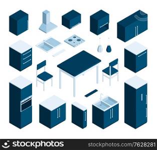 Kitchen interior furniture and appliances in blue and white color 3d isometric isolated vector illustration