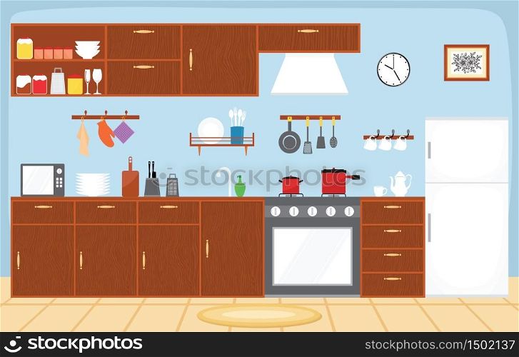 Kitchen Interior Furniture Cutlery Tableware Cooking Flat Illustration