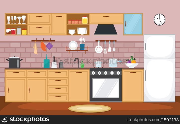 Kitchen Interior Furniture Cutlery Tableware Cooking Flat Illustration