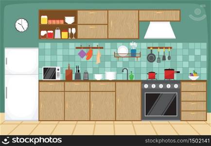 Kitchen Interior Furniture Cutlery Tableware Cooking Flat Illustration