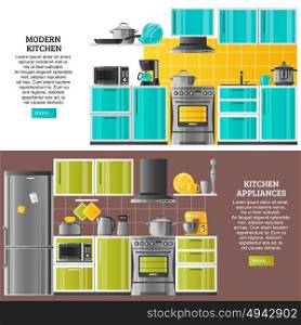 Kitchen Interior Horizontal Banners. Kitchen interior horizontal banners in realistic style with modern equipment and appliances flat vector illustration