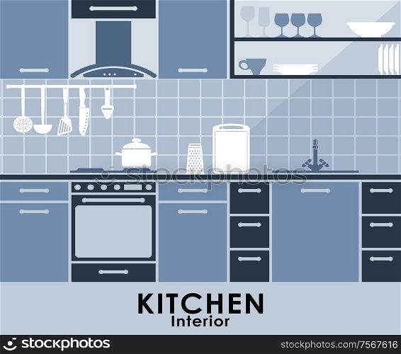 Kitchen interior in blue with a built in oven and extractor with cabinets and drawers, a tiled backsplash and hanging kitchen utensils with appliances on the counter