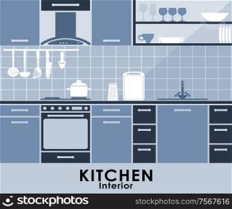 Kitchen interior in blue with a built in oven and extractor with cabinets and drawers, a tiled backsplash and hanging kitchen utensils with appliances on the counter