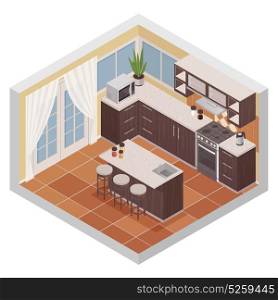 Kitchen Interior Isometric Composition . Kitchen interior isometric composition with bar stand oven microwave and shelves for kitchenware flat vector illustration