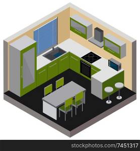 Kitchen interior isometric composition with modern furniture household gadgets and consumer electronics 3d vector illustration. Kitchen Interior Isometric Composition