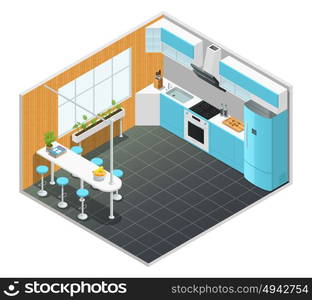 Kitchen Interior Isometric Illustration. Color isometric design of kitchen interior with tall table and appliances vector illustration