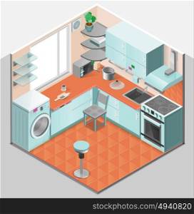 Kitchen Interior Isometric Template. Kitchen interior isometric template with washer oven chair shelves microwave sink ventilation and appliances isolated vector illustration