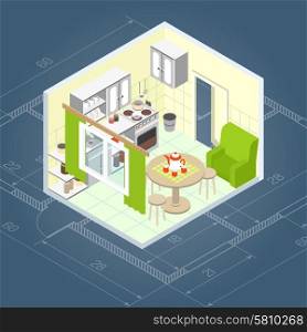 Kitchen interior isometric with 3d home furniture icons vector illustration. Kitchen Interior Isometric