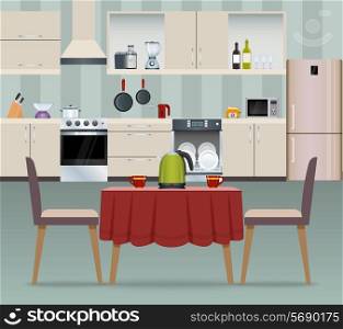 Kitchen interior modern home food cooking and dining room realistic poster vector illustration