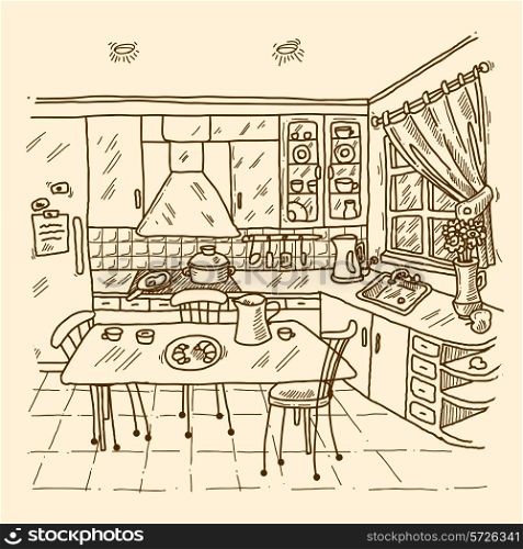 Kitchen interior sketch with indoors home decor room apartment vector illustration