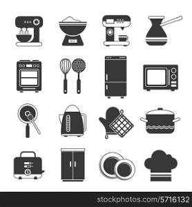 Kitchen interior utensils and appliances Icons black and white set isolated vector illustration
