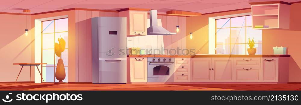 Kitchen interior with dining table, counter, fridge, stove and cupboards. Vector cartoon illustration of empty room for cooking in apartment with retro furniture, hood and plants. Kitchen interior with dining table, fridge, stove