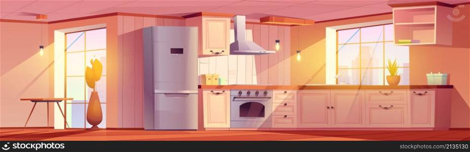 Kitchen interior with dining table, counter, fridge, stove and cupboards. Vector cartoon illustration of empty room for cooking in apartment with retro furniture, hood and plants. Kitchen interior with dining table, fridge, stove