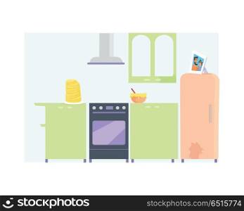Kitchen Interior with Furniture. Kitchen interior with furniture in flat. Kitchen with oven, refrigerator, cooker hood, table, food. Stack of pancakes on the table. Isolated vector illustration on white background