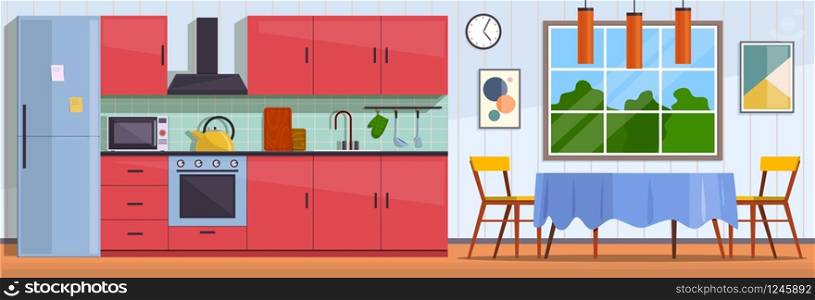Kitchen. Interior with furniture, stove and cupboard. Fridge and table with chairs, kitchen appliances cooking culinary decor flat vector traditional design. Kitchen. Interior with furniture, stove and cupboard. Fridge and table with chairs, kitchen appliances culinary decor flat vector design