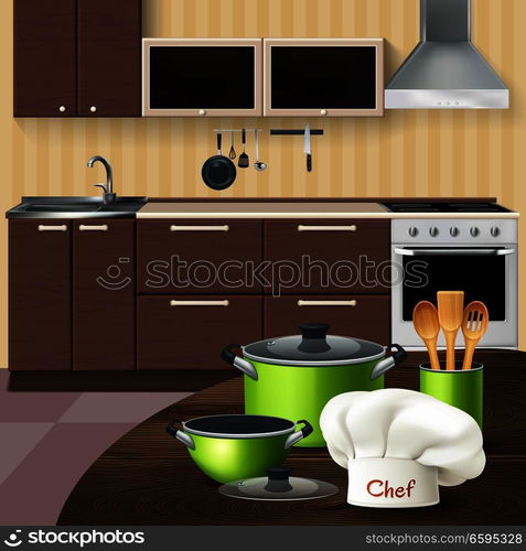 Kitchen interior with realistic green cookware wooden tools and chef hat on brown table vector illustration. Kitchen Interior With Cookware Illustration