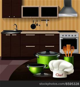 Kitchen interior with realistic green cookware wooden tools and chef hat on brown table vector illustration. Kitchen Interior With Cookware Illustration