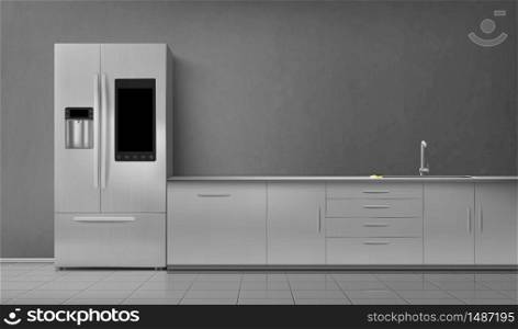 Kitchen interior with smart fridge and sink on tabletop front view. Empty room with household appliances, refrigerator and desk on gray wall and tiled floor. Modern design, realistic 3d vector mockup. Kitchen interior smart fridge and sink on tabletop
