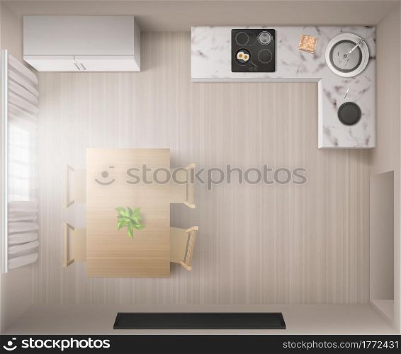 Kitchen interior with stove, dining table and fridge in top view. Vector realistic illustration of empty home room with furniture and equipment for cooking, metal sink, marble counter and tv on wall. Realistic kitchen interior in top view