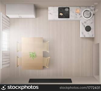 Kitchen interior with stove, dining table and fridge in top view. Vector realistic illustration of empty home room with furniture and equipment for cooking, metal sink, marble counter and tv on wall. Realistic kitchen interior in top view